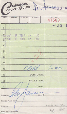 David Janssen signed restaurant bill (The Fugitive)