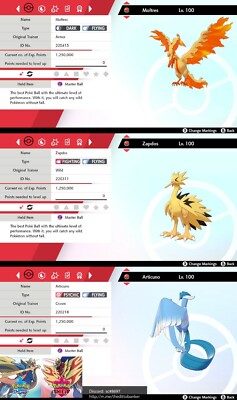 Pokemon Sword/Shield SHINY GALARIAN MOLTRES/ARTICUNO/ZAPDOS (x3) 2022 Event Ver.