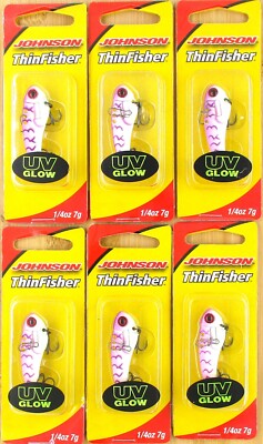 (6) Johnson 1/4 Oz ThinFisher 1 3/4'' Blade Baits UV Purple Tiger Glow Brand New