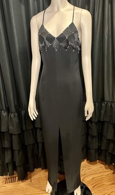 Vintage Cache Rhinestone Accent Maxi Dress Front Slit Criss Cross Back Size 4