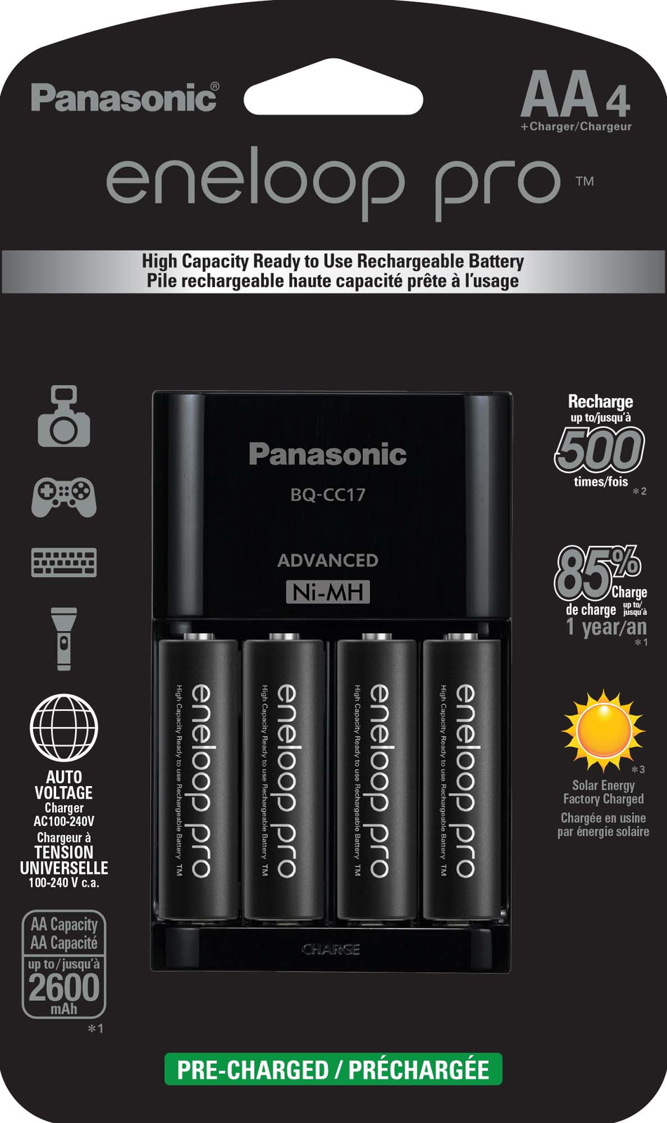 Eneloop Pro Battery Charger with 4-Pack AA High Capacity Rechargeable Batteries