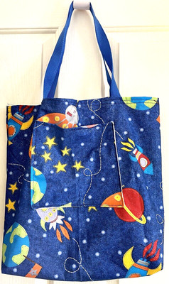 Reversible Handmade Rockets & Dogs Tote Book Bag. Nylon Web Dual Straps. Pocket