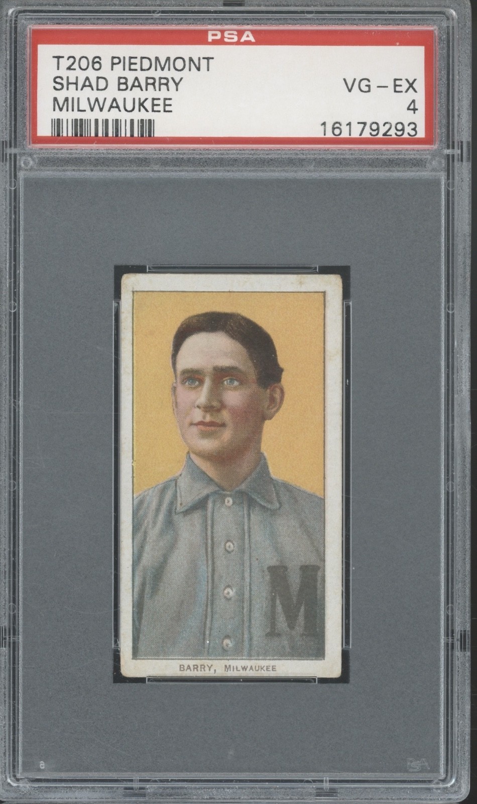 1909 T206 Piedmont 350 Milwaukee Baseball Shad Barry VG-EX PSA 4