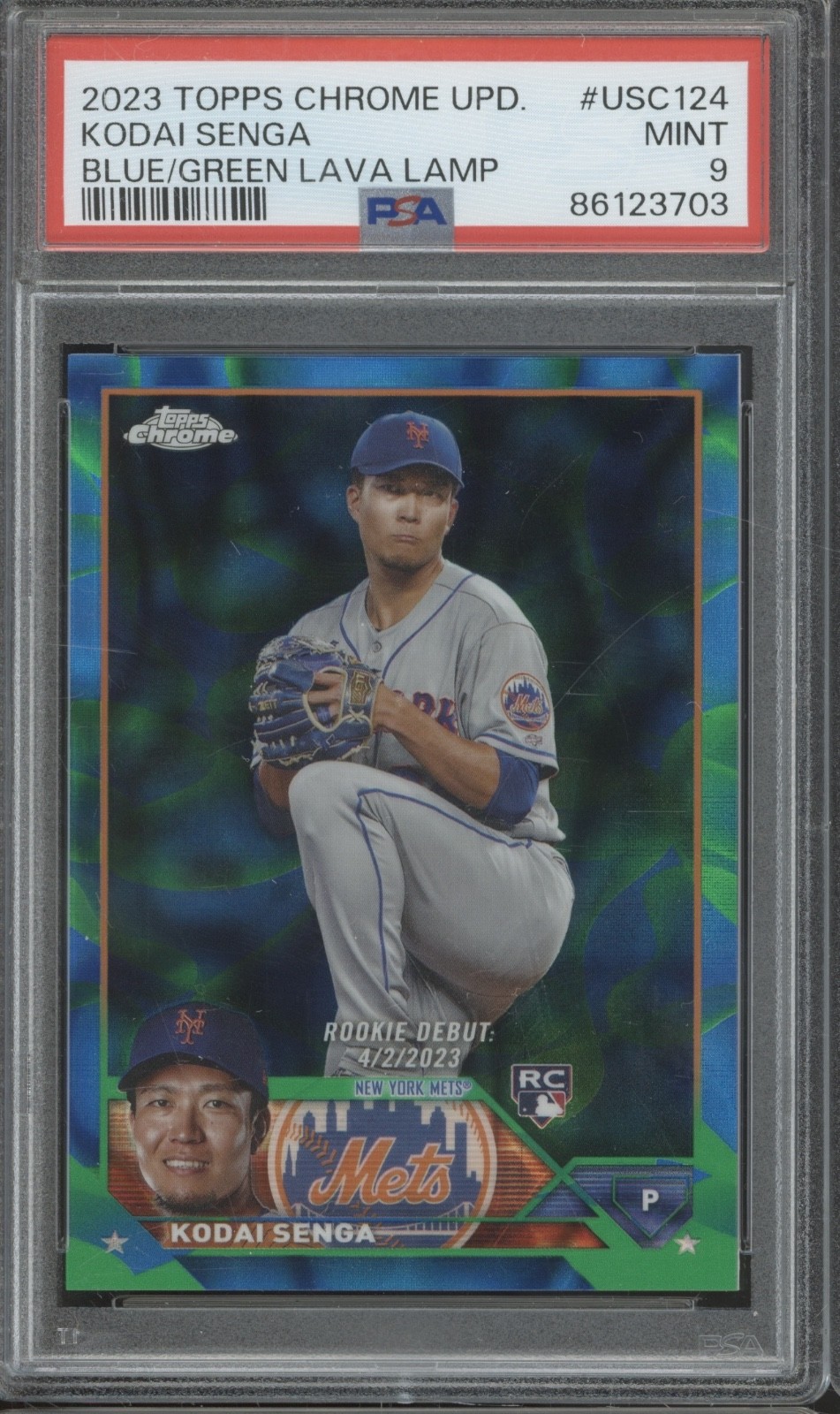 2023 Topps Chrome Blue Green Lava Lamp Kodai Senga 36/125 RC Rookie Mint PSA 9