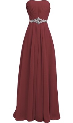 NWT Strapless Burgundy Chiffon Bridesmaids Dress Beaded Formal Gown Prom Sz M