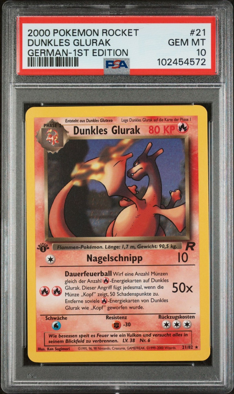 PSA 10 Gem Mint Dunkles Glurak Team Rocket 1.Edition Deutsch