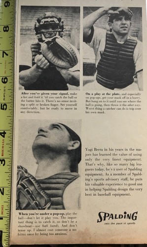 Great 1961 Print Ad of Spalding Baseball Equipment Yogi Berra