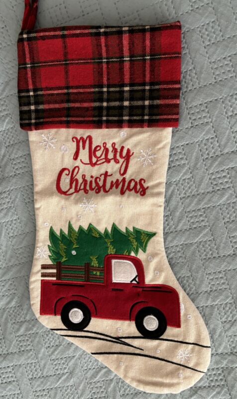 New - Glitzhome Embroidered Truck Christmas Stocking- Approx. 20” - Plaid Cuff