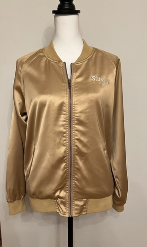 Stussy Gold Satin California Womens Bomber Jacket Streetwear Stussy Gold Satin California Womens Bomber Jacket Streetwear