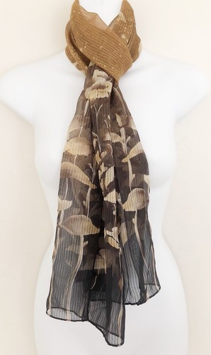 ECHO Womens 100% Silk Scarf Rectangle Long Brown Beige Tan Floral EUC