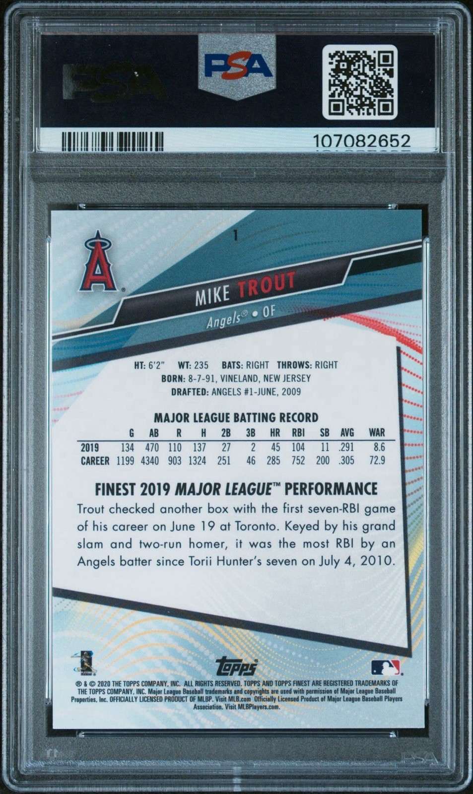 2020 Topps Finest Mike Trout Gold Refractor /50 PSA 9 Mint Los Angeles Angels