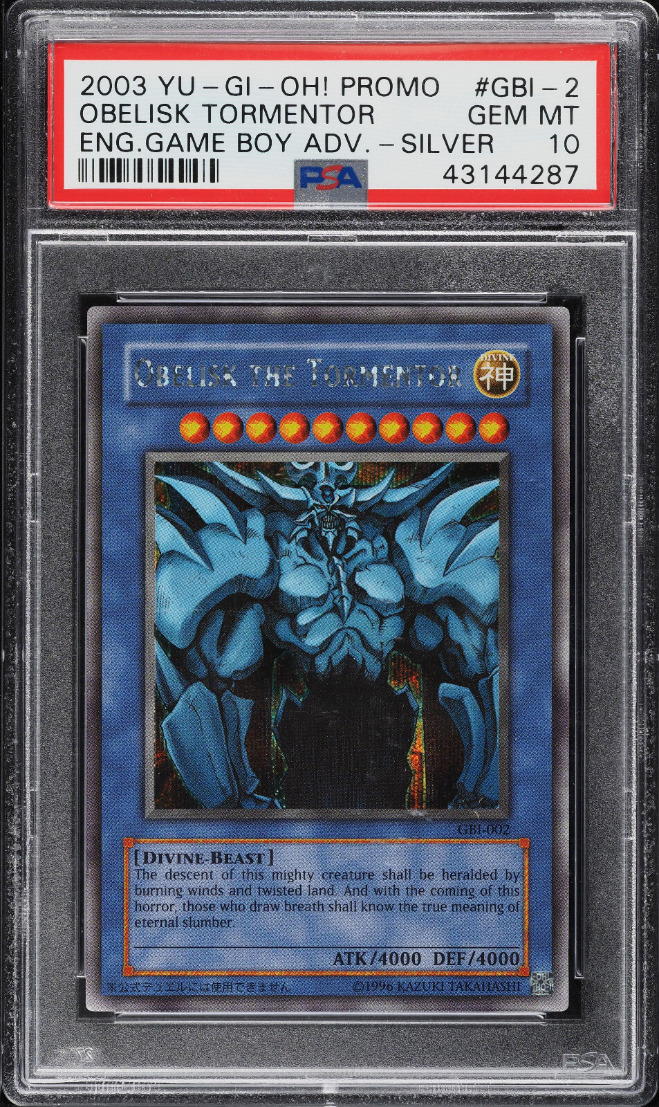 YUGIOH GBI-002 OBELISK THE TORMENTOR SECRET RARE HOLO PSA 10 YUGIOH GBI-002 OBELISK THE TORMENTOR SECRET RARE HOLO PSA 10