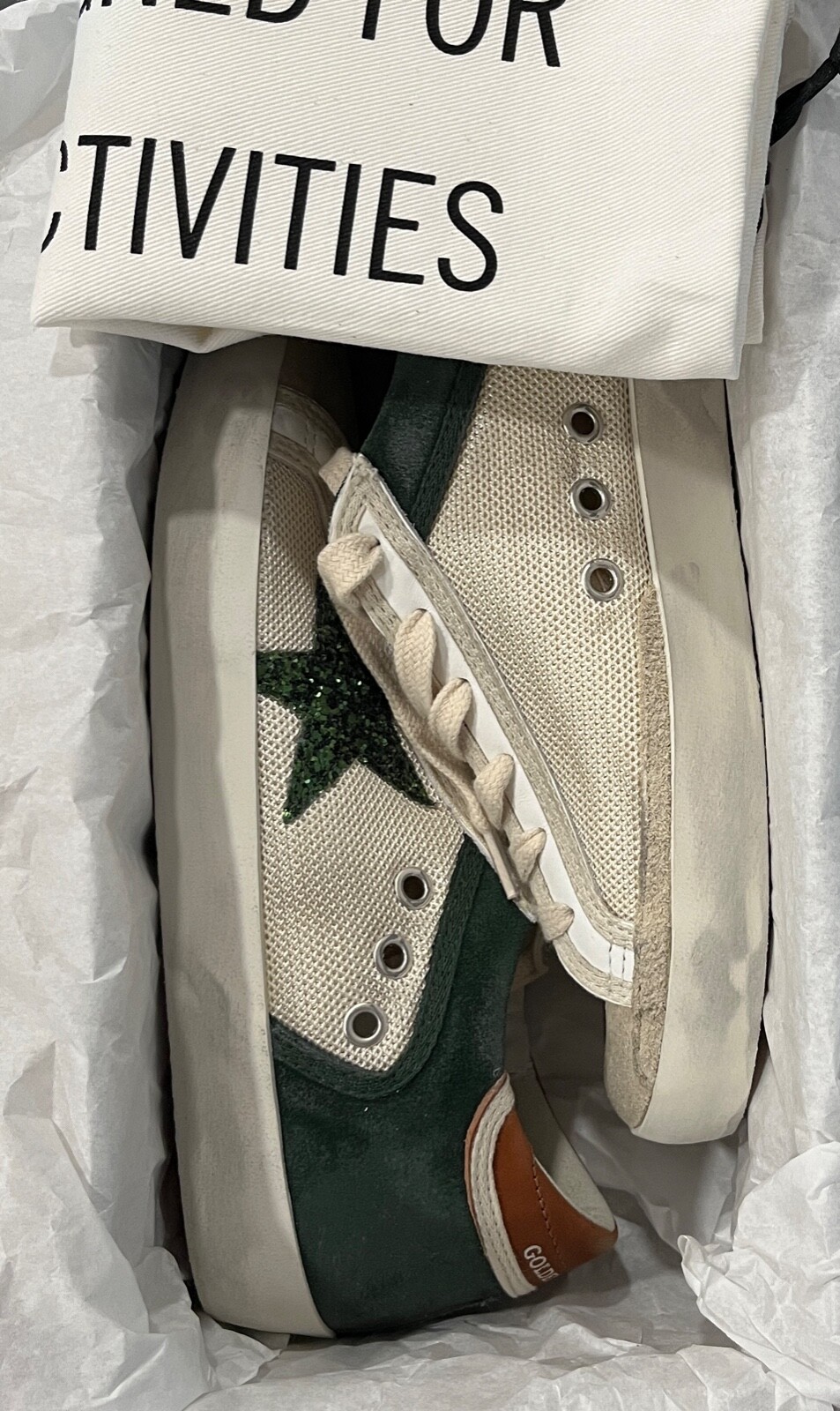 Pre-owned Golden Goose Superstar Leather Glitter Low-top Sneakers 4961 - Retail $625 In Buttercream/forest Green/taupe