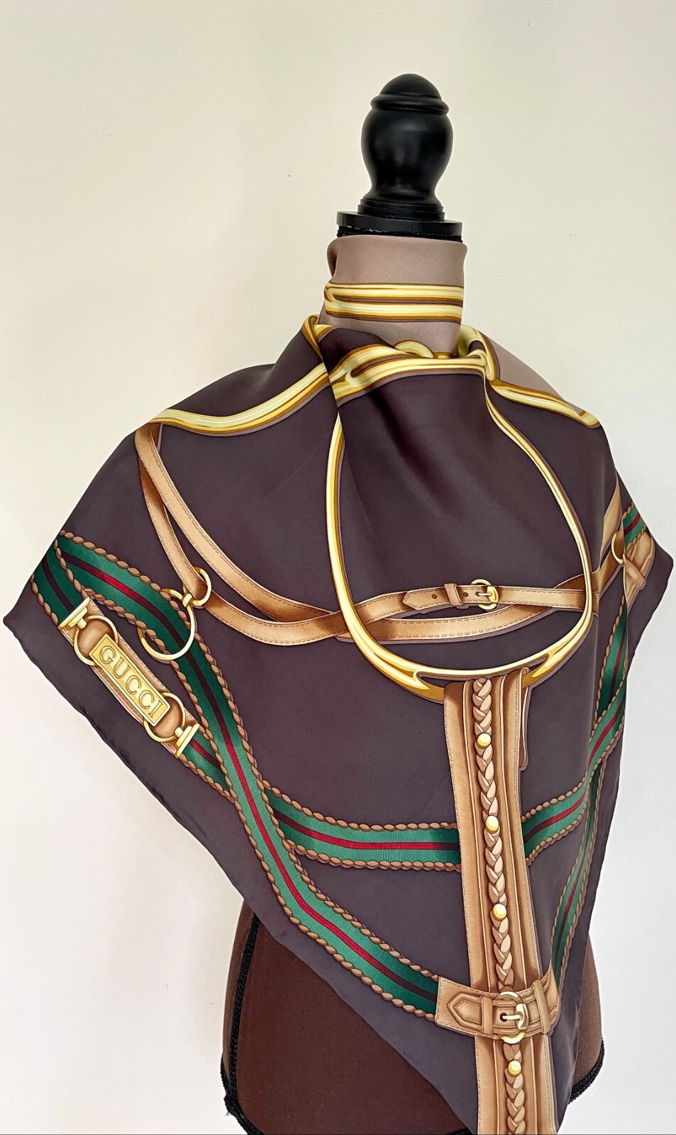Pre-owned Gucci Unisex  Silk Wrap Logo Print Horsebit Equestrian Brown Beige Scarf