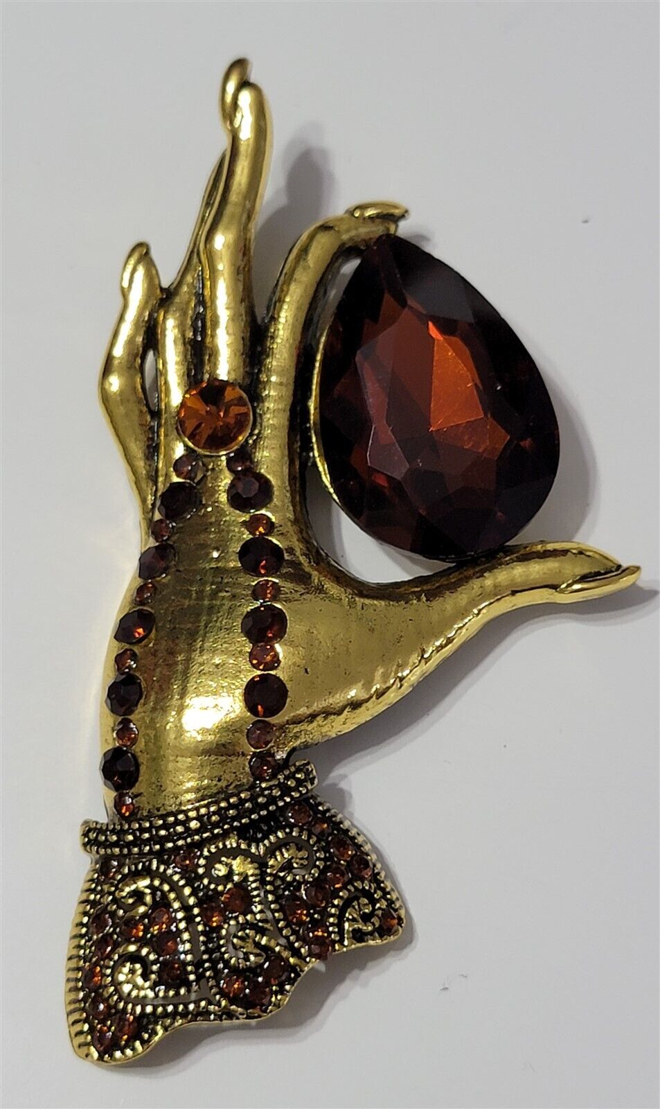 Victorian Trading Large Jewel in Hand Rhinestone Brooch or Victorian Trading Large Jewel in Hand Rhinestone Brooch or
