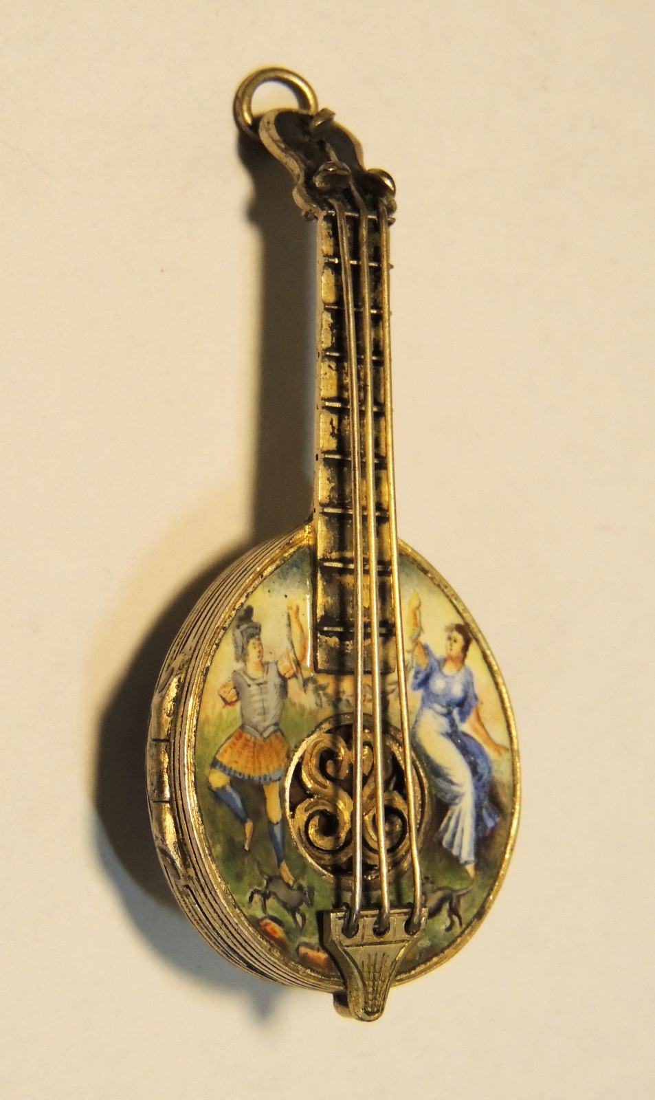 STUNNING Antique Victorian Silver Enamel Painting VINAIGRETTE Scent MANDOLIN exc