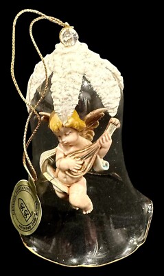 Vtg Fontanini Glass Bell Christmas Ornament Angel Cherub Playing Lute NWT