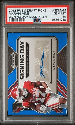 2023 Prizm Draft Picks Signing Day Auto Blue #SD-MMI Marvin Mims /75 PSA 10