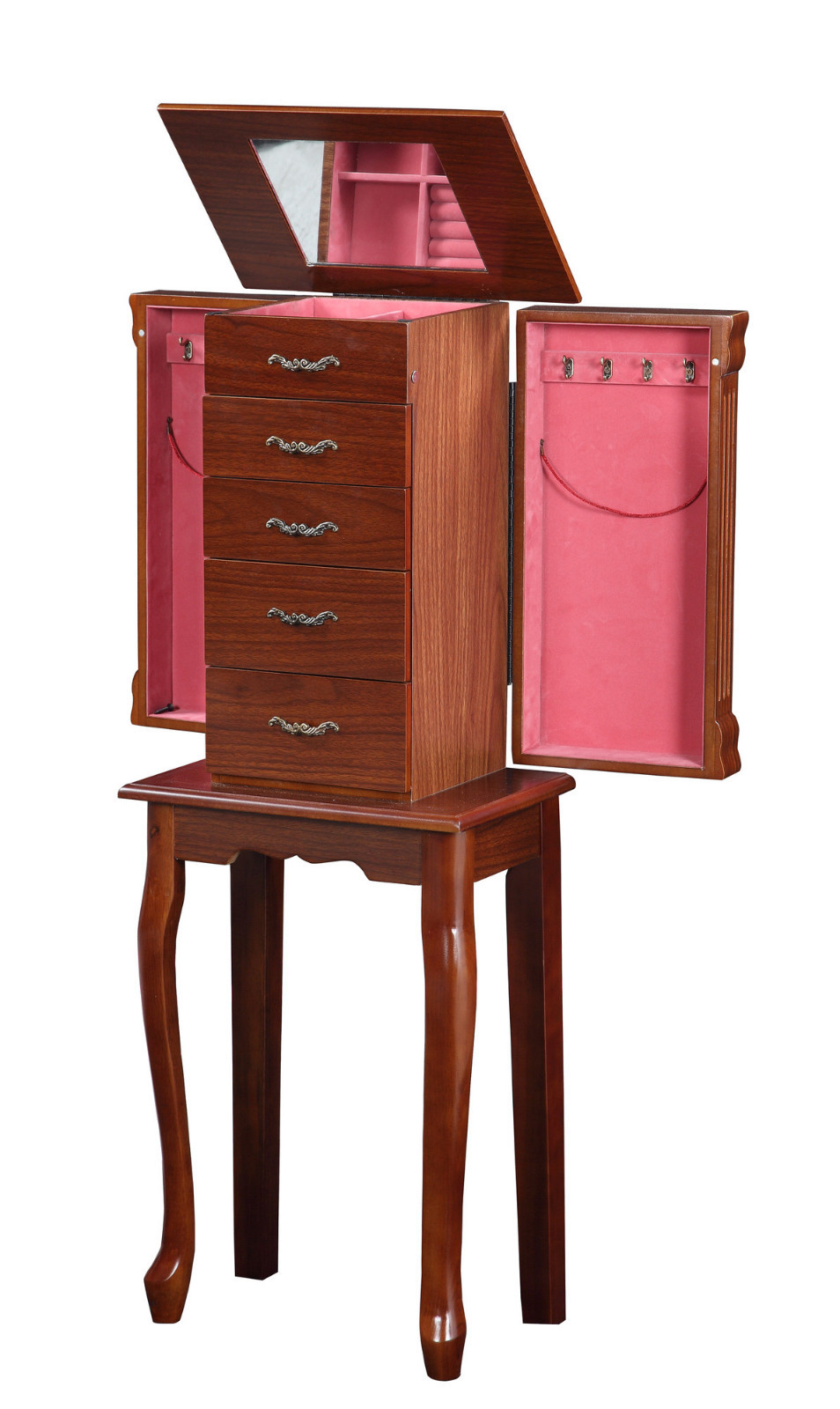 Linon Maria Cherry Home Bedroom Jewelry Cabinet Armoire Organizer w/ Mirror