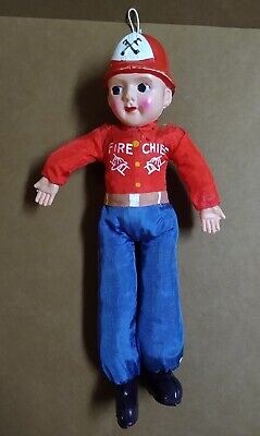 Vintage Fire Chief Doll, Made Japan, 8.25'' Tall, Mid-century Toy, 1950s 1960s 