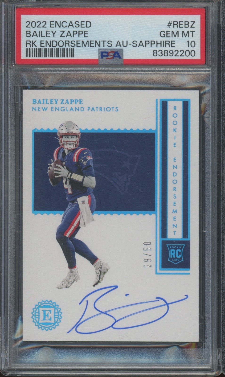 2022 Panini Encased Sapphire Bailey Zappe 29/50 Auto RC Rookie Gem Mint PSA 10