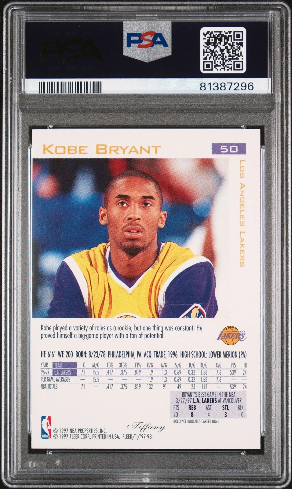 1997 Fleer Basketball Kobe Bryant #50 Tiffany All '97 Rookie PSA 9 2