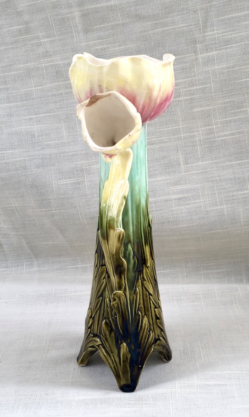 Antique Art Nouveau Ceramic Majolica Vase - Floral/Tulips - France?