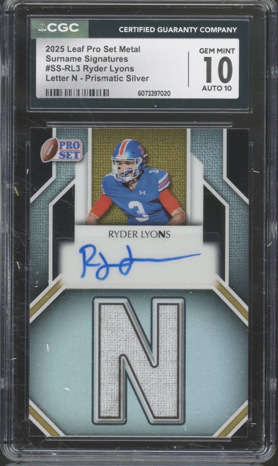 2025 Pro Set Metal Letter N Silver Ryder Lyons 1/25 RC Gem Mint CGC 10 10 Auto
