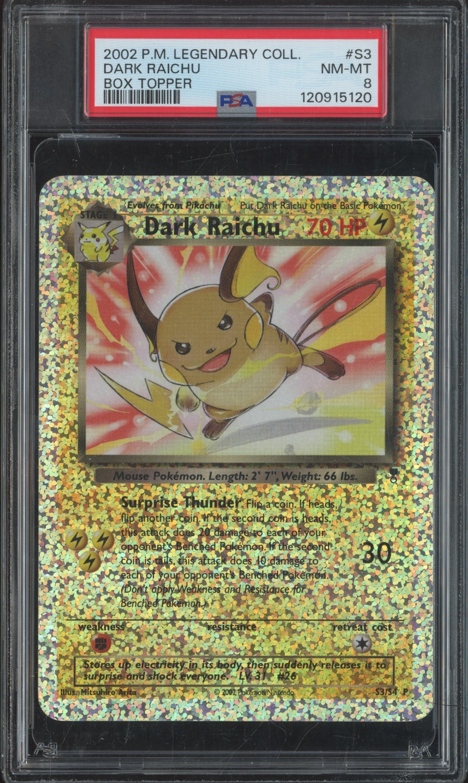 2002 Pokémon TCG Legendary Collection Box Topper Jumbo #S3 Dark Raichu PSA 8