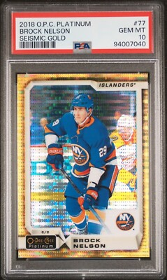 2018-19 O-Pee-Chee Platinum Brock Nelson #77 Seismic Gold /50 SP PSA 10 Gem Mint