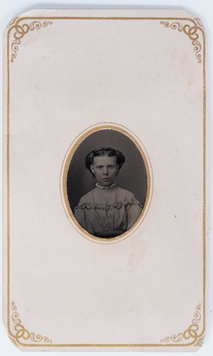 Antique 2.5x4in Tintype Young Girl Patterned Dress Gold Paper Sleeve Frame