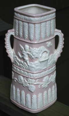 Vintage 1950s Japan CAMEO CUPIDS VASE W HANDLES  Shell Pink & Ivory Ceramic