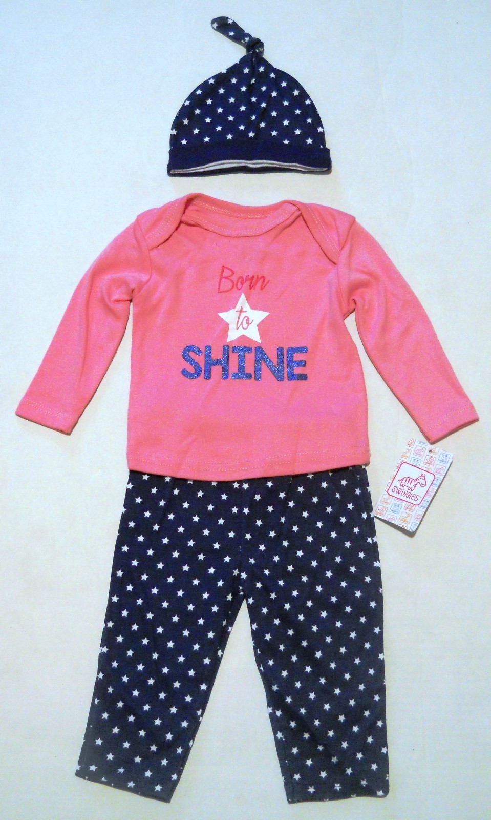 Swiggles Baby Girl Sz 3-6M 3 Pc Set Born to Shine Pink/Blue Shirt+Pants+Hat NWT