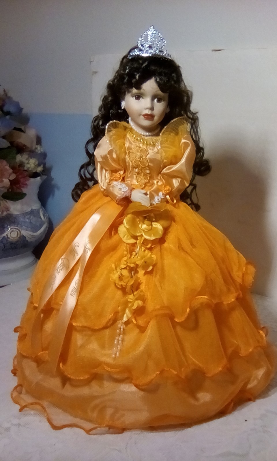 20in porcelain umbrella collectors doll with tiara, black blue or Peach in color