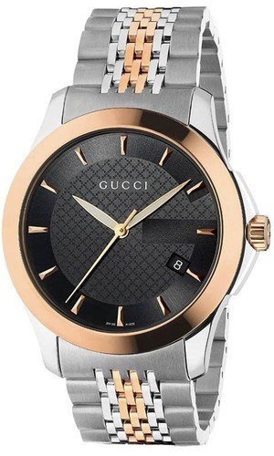 Pre-owned Gucci Men's Ya126410  Timeless Steel And Pink Pvd Black Dial Watch