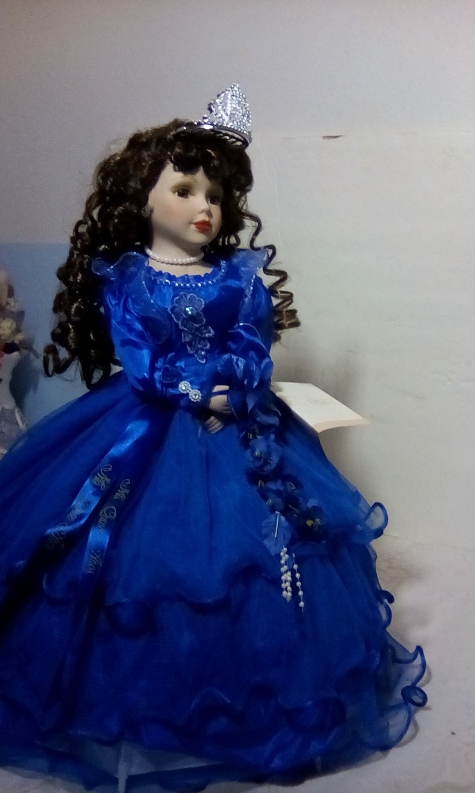 20in porcelain umbrella collectors doll with tiara, black blue or Peach in color
