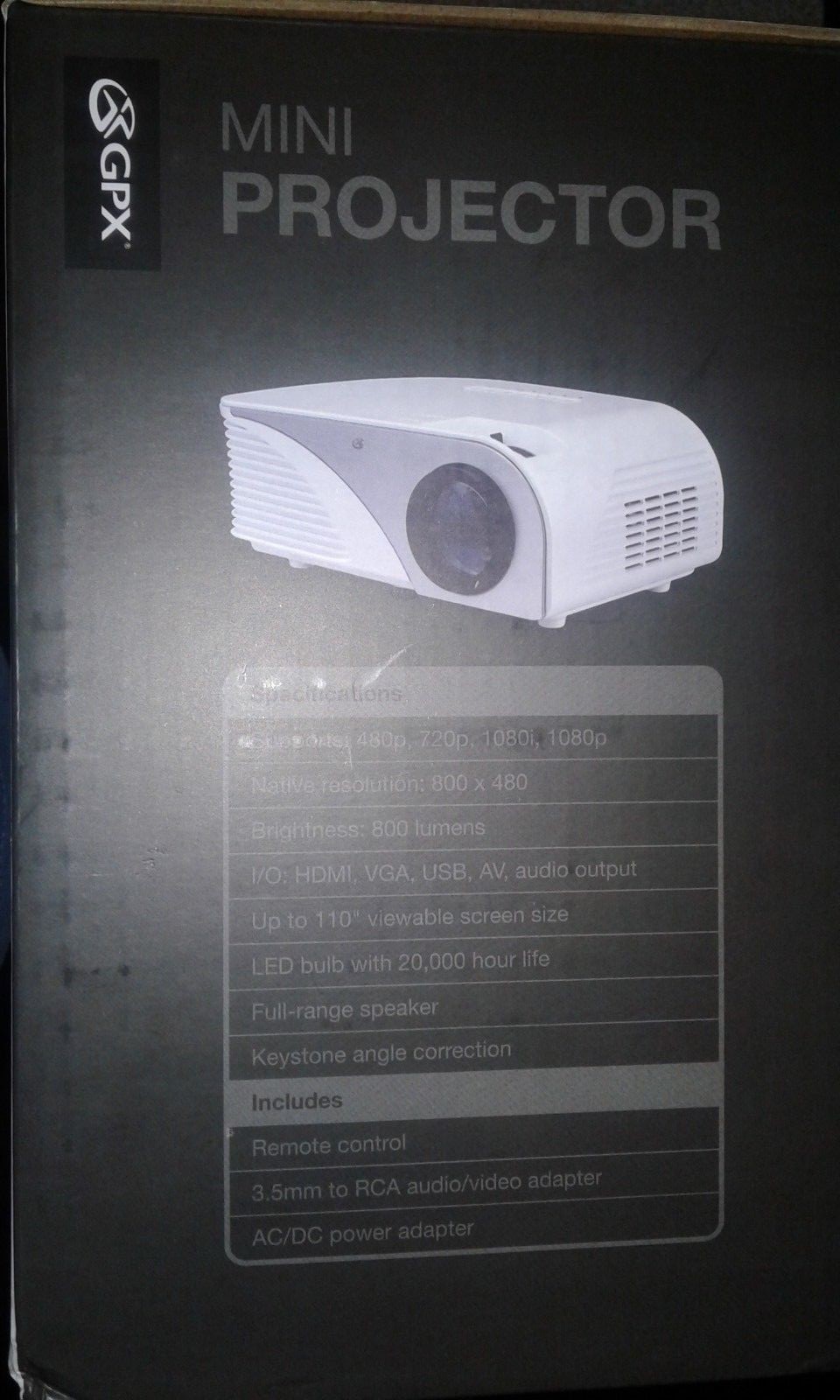 GPX Mini LED Projector 800 Lumens HDMI USB VGA Up to 110
