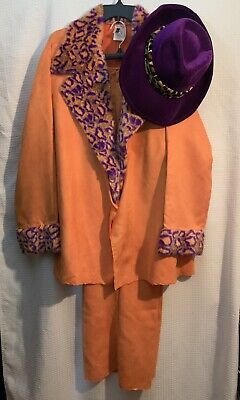 Adult Costume 1970s Pimp Orange Purple Velour Leopard Suit Hat Short One Size