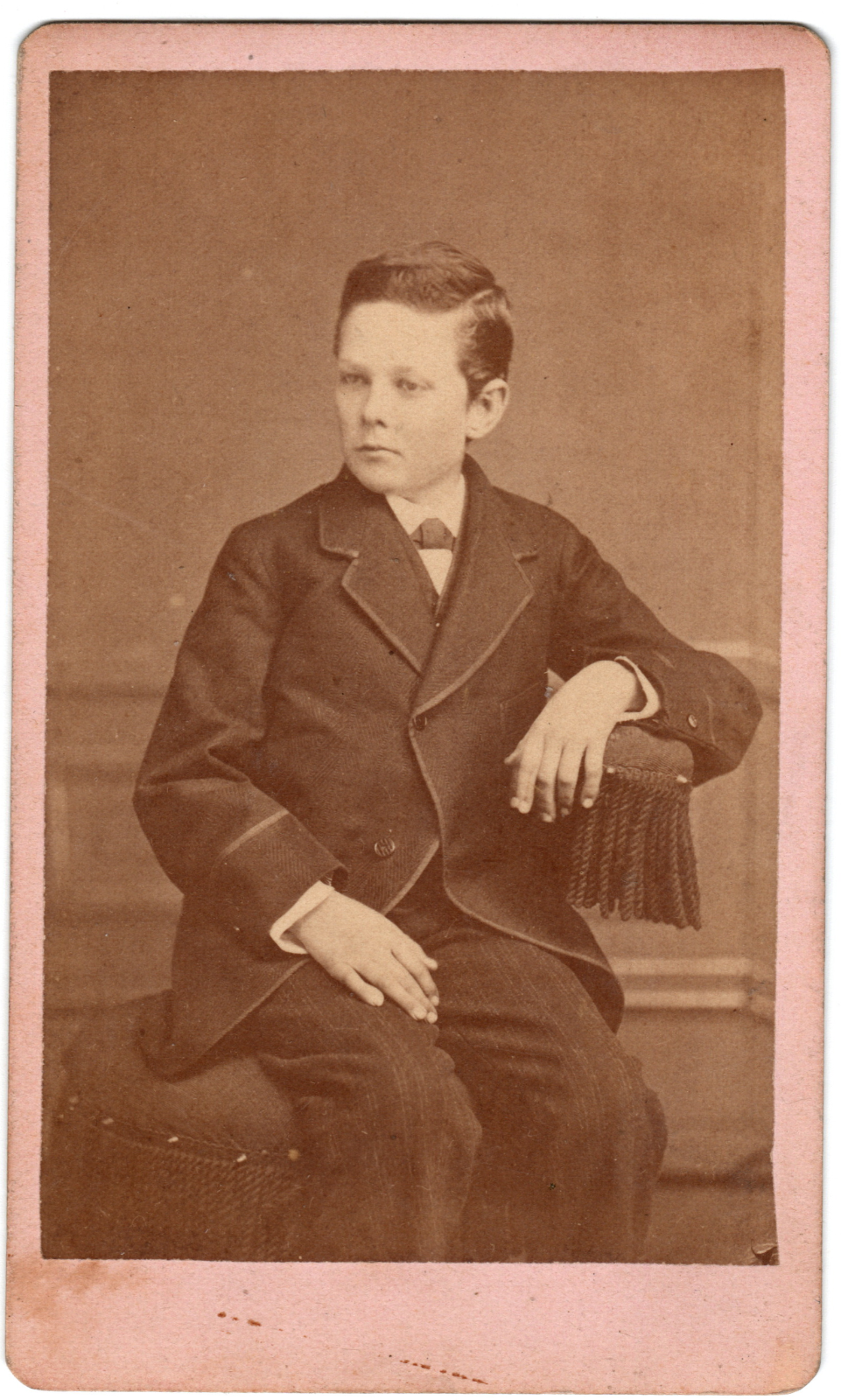 Antique CDV Circa 1880s Handsome Young Boy In Suit Sitting On Stool Unmarked