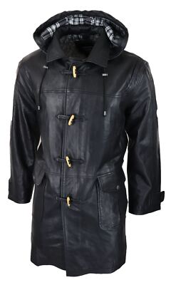 Pre-owned Truclothing Mens Black Real Leather Duffle Jacket Coat Toggle Classic Fisherman Hooded 3/4