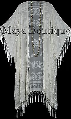 Pre-owned Maya Matazaro Ivory Beaded Silk Burnout Velvet Kimono Opera Coat Fringe Jacket  In White