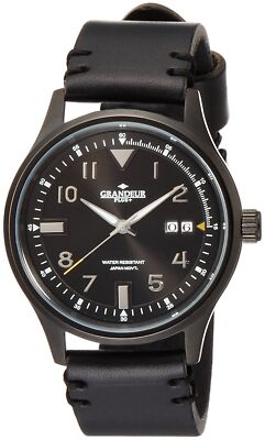 GRANDEUR PLUS Watch GRP005B1 Men's Black Leather Band Stainless Steel Case NEW