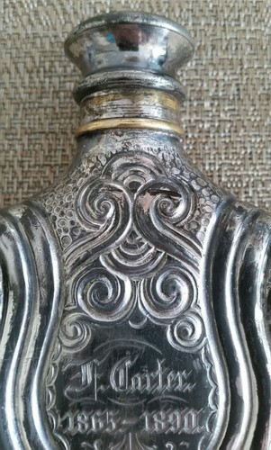 ANTIQUE HAND ETCHED & DATED FANCY LADIES  SILVERPLATE FLASK PINCHED FRONT & BACK