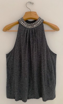 Anthropologie VANESSA VIRGINIA Women Top Sz L Gray Sleeveless Rhinestone Collar
