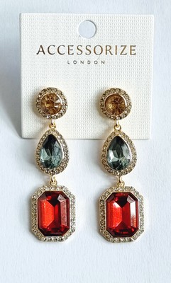 ACCESSORIZE,  GOLD TONE, OPULENT, CHAMPAGNE, BLUE & RED DIAMANTE EARRINGS
