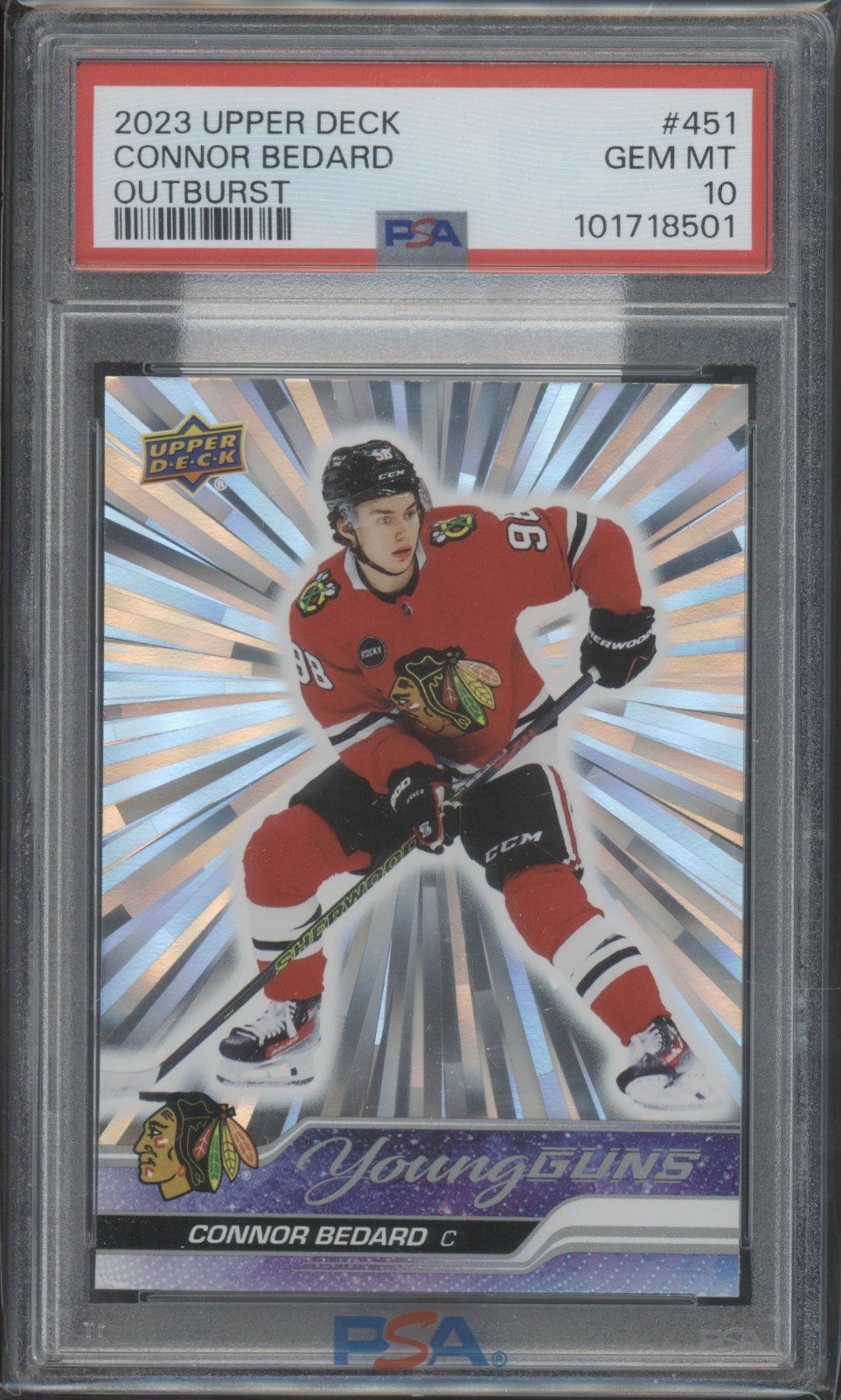 2023 Upper Deck Young Guns Outburst #451 Connor Bedard RC Rookie Gem Mint PSA 10