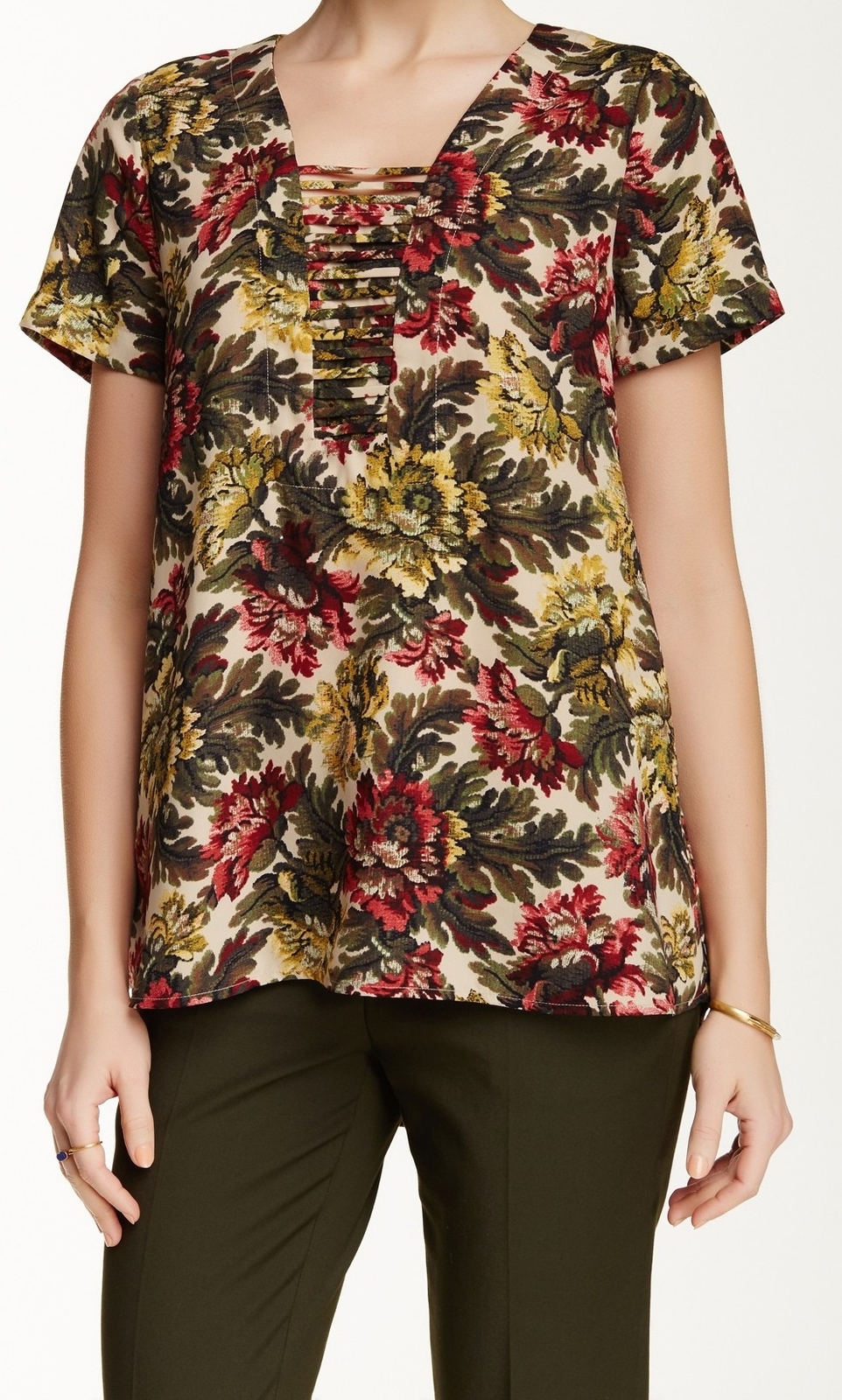 Pleione 155660 Women's Floral-Printed Keyhole Blouse Green Size Small
