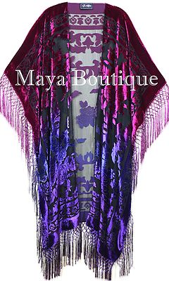 Pre-owned Maya Matazaro Violet Magenta Wearable Art Kimono Caftan Fringe Jacket Burnout Velvet Hand Dyed In Violet Magenta Ombre
