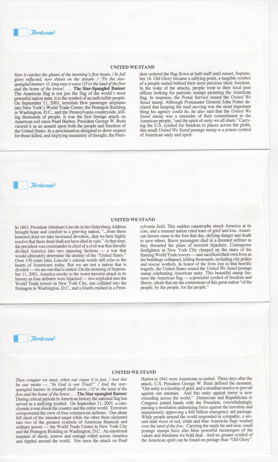 SSS: 3 pcs US Fleetwood FDC 2001 34c United We Stand  Booklet & Coil Sc #3549