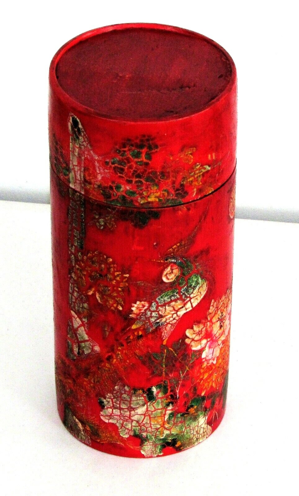 Chinese Carved Red Bamboo Container Hand-Painted Holder/ Signed  / 8.5